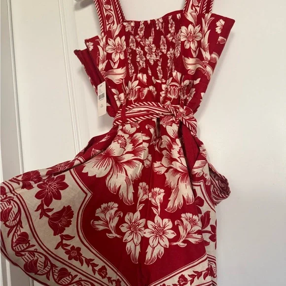NWT Farm Rio Linen Blend Belted Romper – Red Floral (XXS)Anthropologie